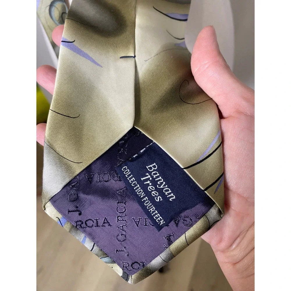Vintage J Garcia Silk Tie Banyan Trees Collection Fourteen Sage Green Lavender